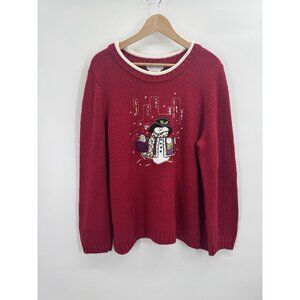 Womens 2X Red Snowman Sweater Knit Holiday Winter Grandma Embroidered Roll Neck